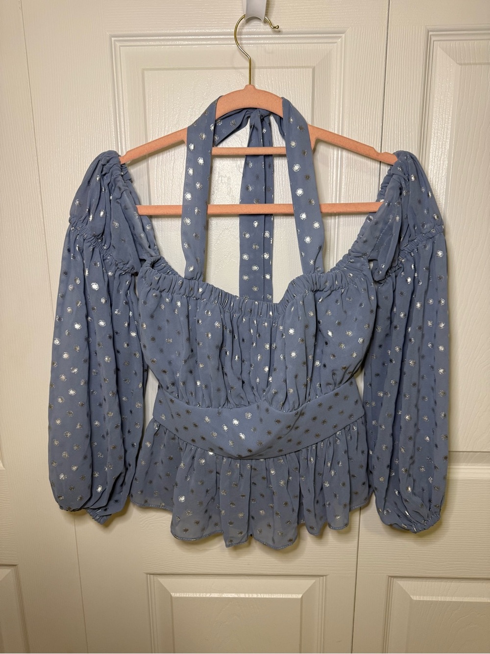 Dusty Blue Off-Shoulder Peasant Blouse with Metallic Dot Detail